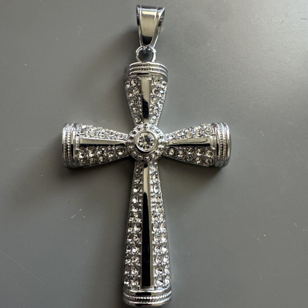 Cross Pendant Cubic Zirconia 24” Chain Silver Tone Stainless Steel Gift Jesus